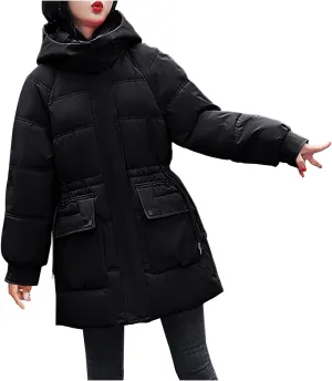 Womens Down Puffer Jackets Quilted Winter Warm Coats with Hooded and Pockets Casual Loose Long Sleeve Zip Up Coats