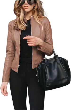 Womens Faux Leather Jackets Zip Up Cropped Motorcycle PU Moto Biker Outwear Coat 2024