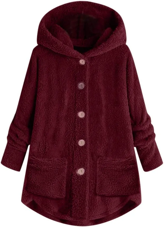 Women's Fleece Jackets Sherpa Winter Hooded Fuzzy Coat Oversized Button Down Cardigan Open Front Outwear with Pockets