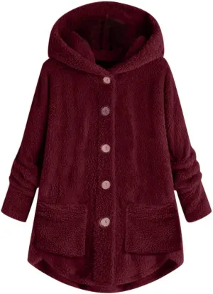 Women's Fleece Jackets Sherpa Winter Hooded Fuzzy Coat Oversized Button Down Cardigan Open Front Outwear with Pockets