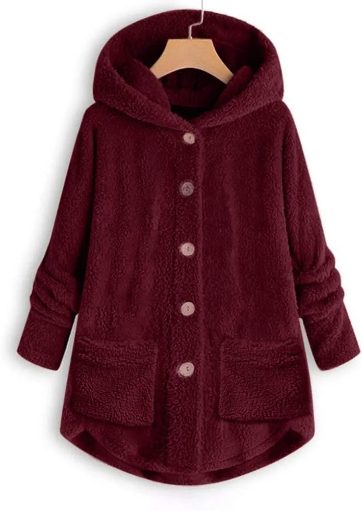 Women's Fleece Jackets Sherpa Winter Hooded Fuzzy Coat Oversized Button Down Cardigan Open Front Outwear with Pockets
