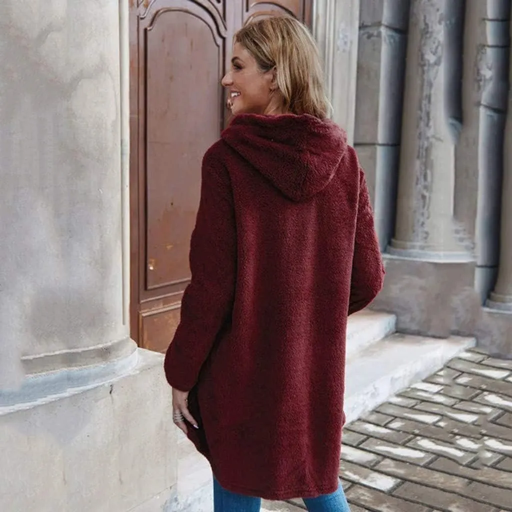 Women's Fleece Jackets Sherpa Winter Hooded Fuzzy Coat Oversized Button Down Cardigan Open Front Outwear with Pockets