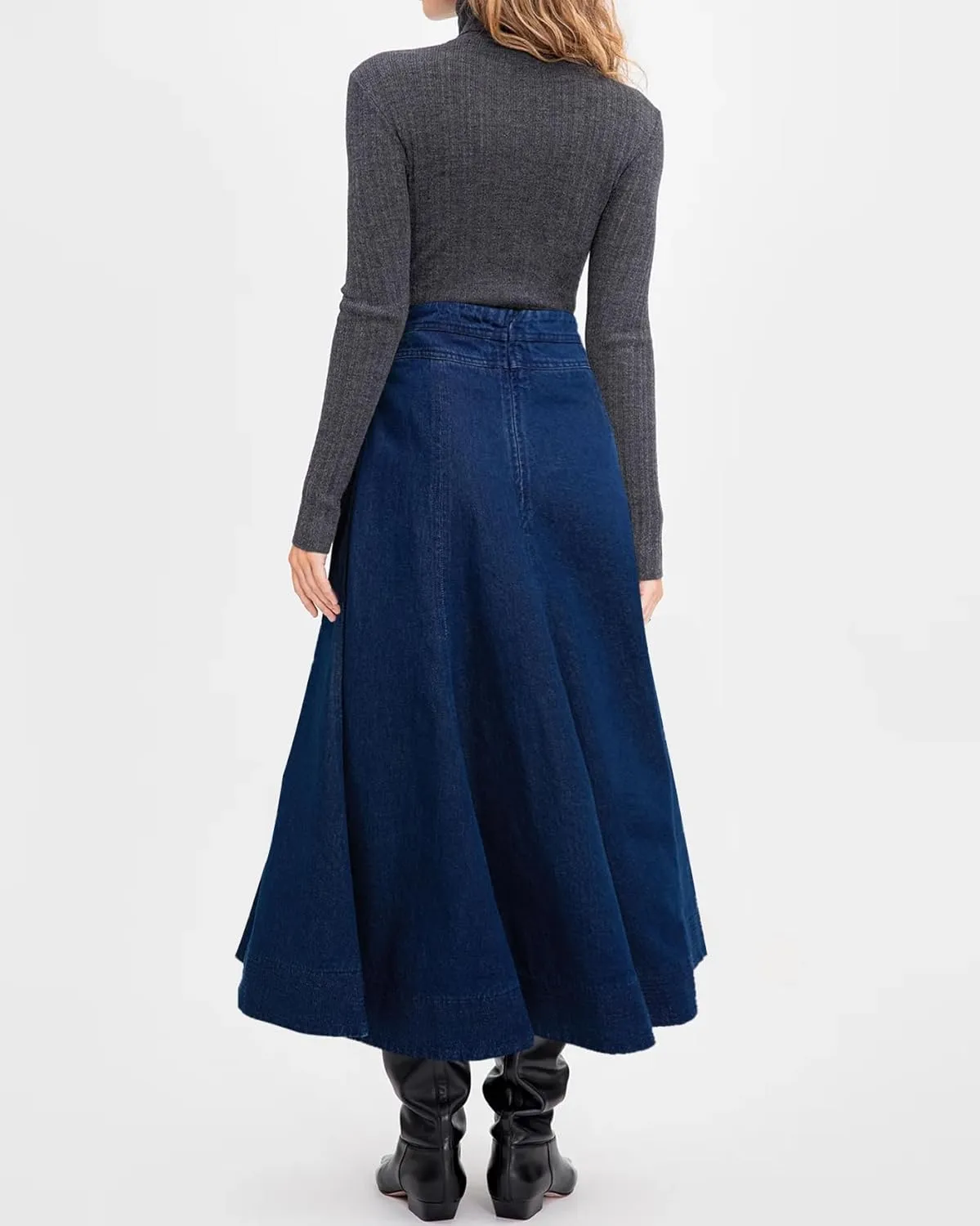 Women's Flowy Denim Skirts A Line High Waist Pleated Long Maxi Midi Flare Jean Skirts