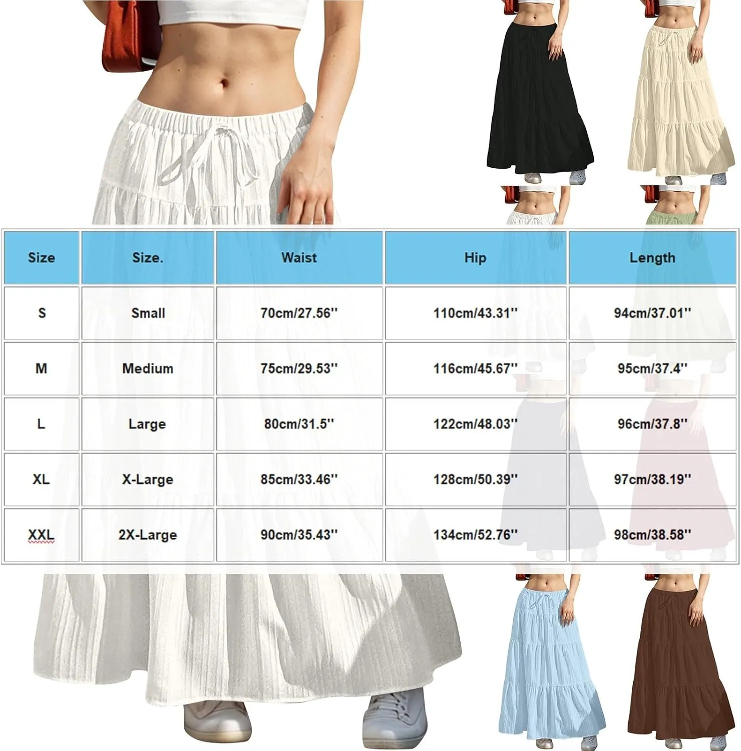 Womens Flowy Pleated Maxi Skirts Summer Casual Boho Beach Vacation Elastic Waist Lace-Up Tiered A-Line Swing Skirts