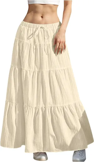 Womens Flowy Pleated Maxi Skirts Summer Casual Boho Beach Vacation Elastic Waist Lace-Up Tiered A-Line Swing Skirts