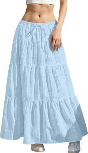 Womens Flowy Pleated Maxi Skirts Summer Casual Boho Beach Vacation Elastic Waist Lace-Up Tiered A-Line Swing Skirts