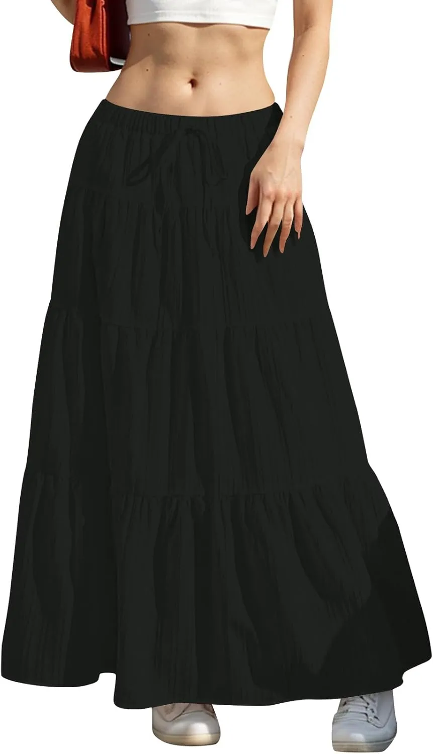 Womens Flowy Pleated Maxi Skirts Summer Casual Boho Beach Vacation Elastic Waist Lace-Up Tiered A-Line Swing Skirts