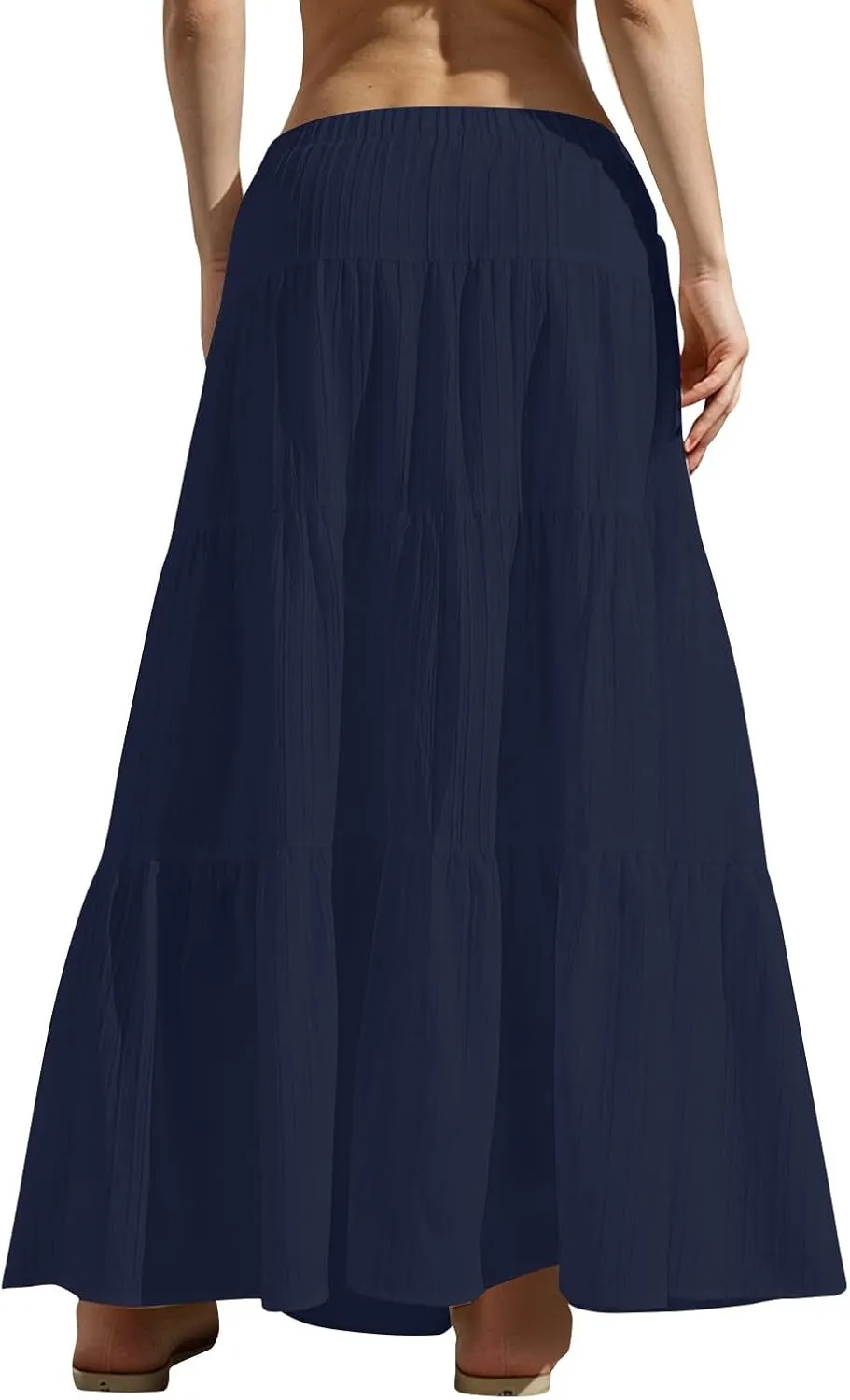 Womens Flowy Pleated Maxi Skirts Summer Casual Boho Beach Vacation Elastic Waist Lace-Up Tiered A-Line Swing Skirts