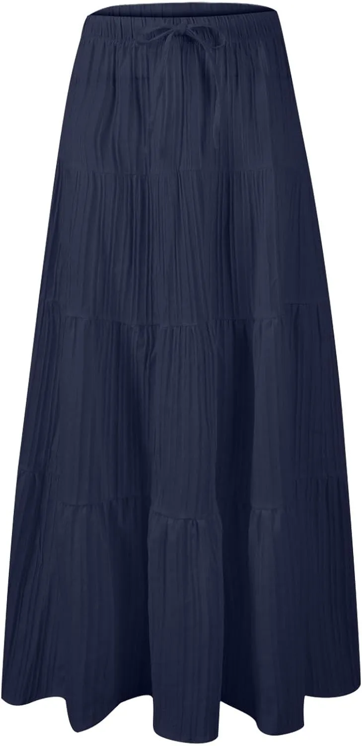 Womens Flowy Pleated Maxi Skirts Summer Casual Boho Beach Vacation Elastic Waist Lace-Up Tiered A-Line Swing Skirts