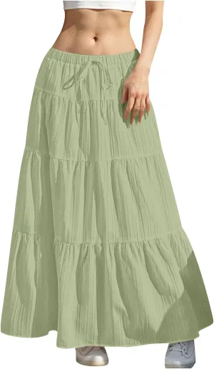 Womens Flowy Pleated Maxi Skirts Summer Casual Boho Beach Vacation Elastic Waist Lace-Up Tiered A-Line Swing Skirts