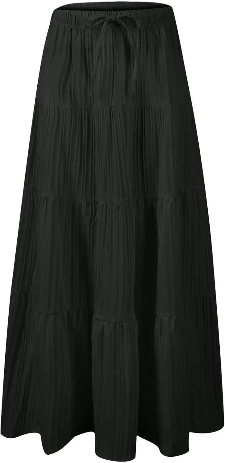 Womens Flowy Pleated Maxi Skirts Summer Casual Boho Beach Vacation Elastic Waist Lace-Up Tiered A-Line Swing Skirts