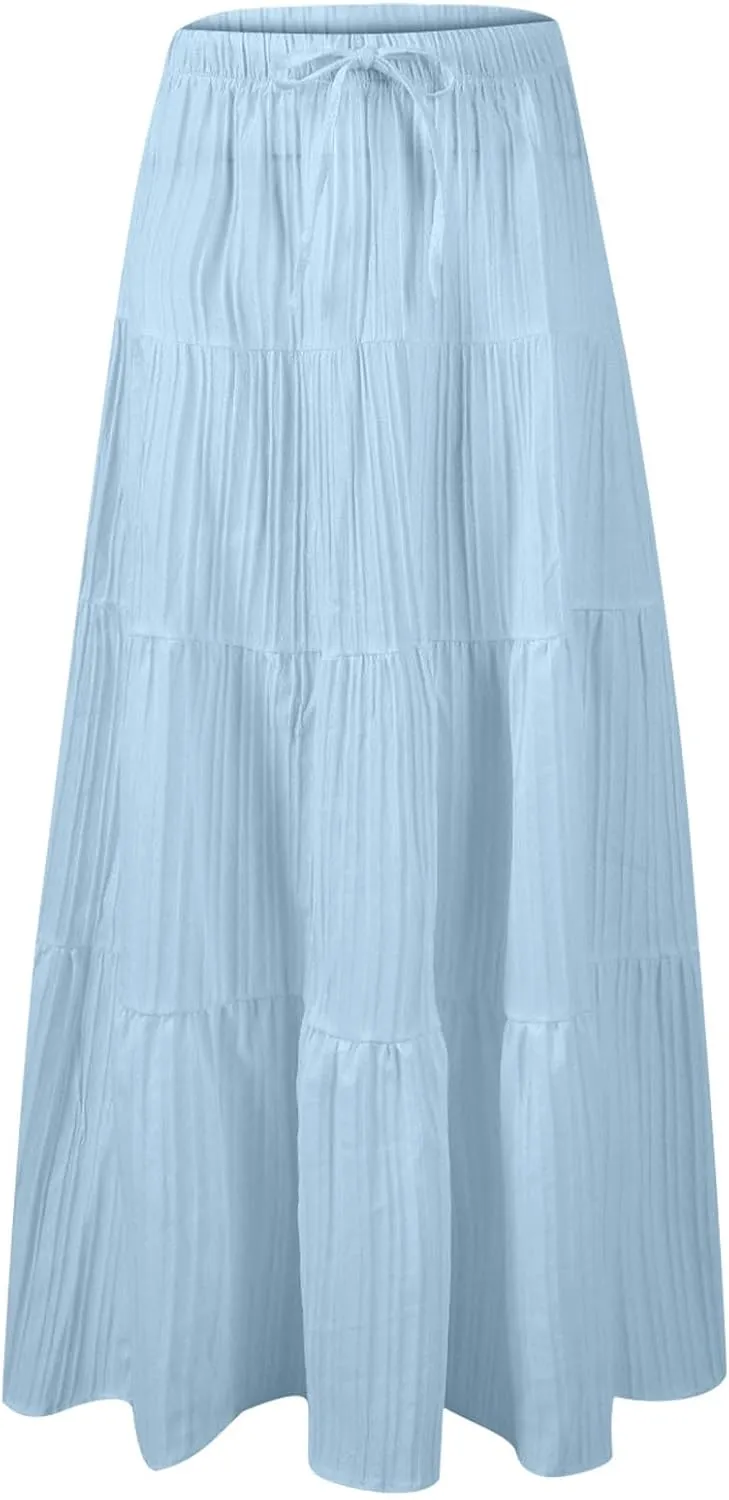 Womens Flowy Pleated Maxi Skirts Summer Casual Boho Beach Vacation Elastic Waist Lace-Up Tiered A-Line Swing Skirts