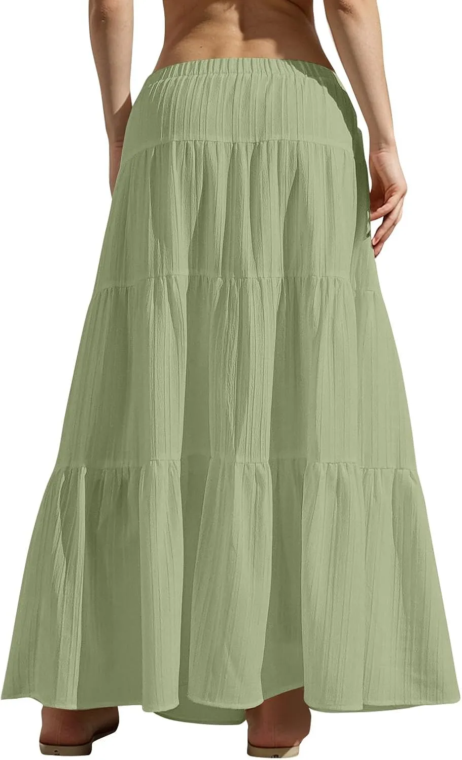 Womens Flowy Pleated Maxi Skirts Summer Casual Boho Beach Vacation Elastic Waist Lace-Up Tiered A-Line Swing Skirts