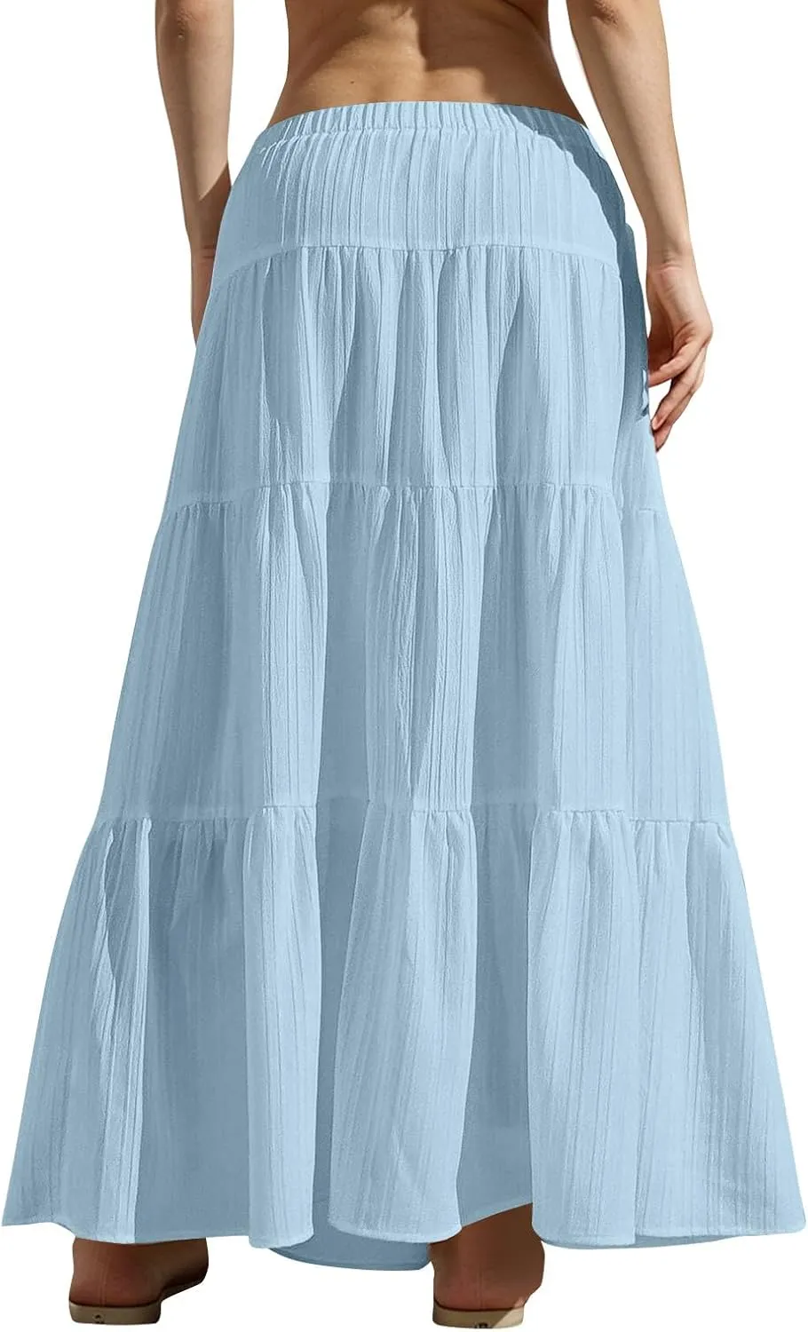 Womens Flowy Pleated Maxi Skirts Summer Casual Boho Beach Vacation Elastic Waist Lace-Up Tiered A-Line Swing Skirts