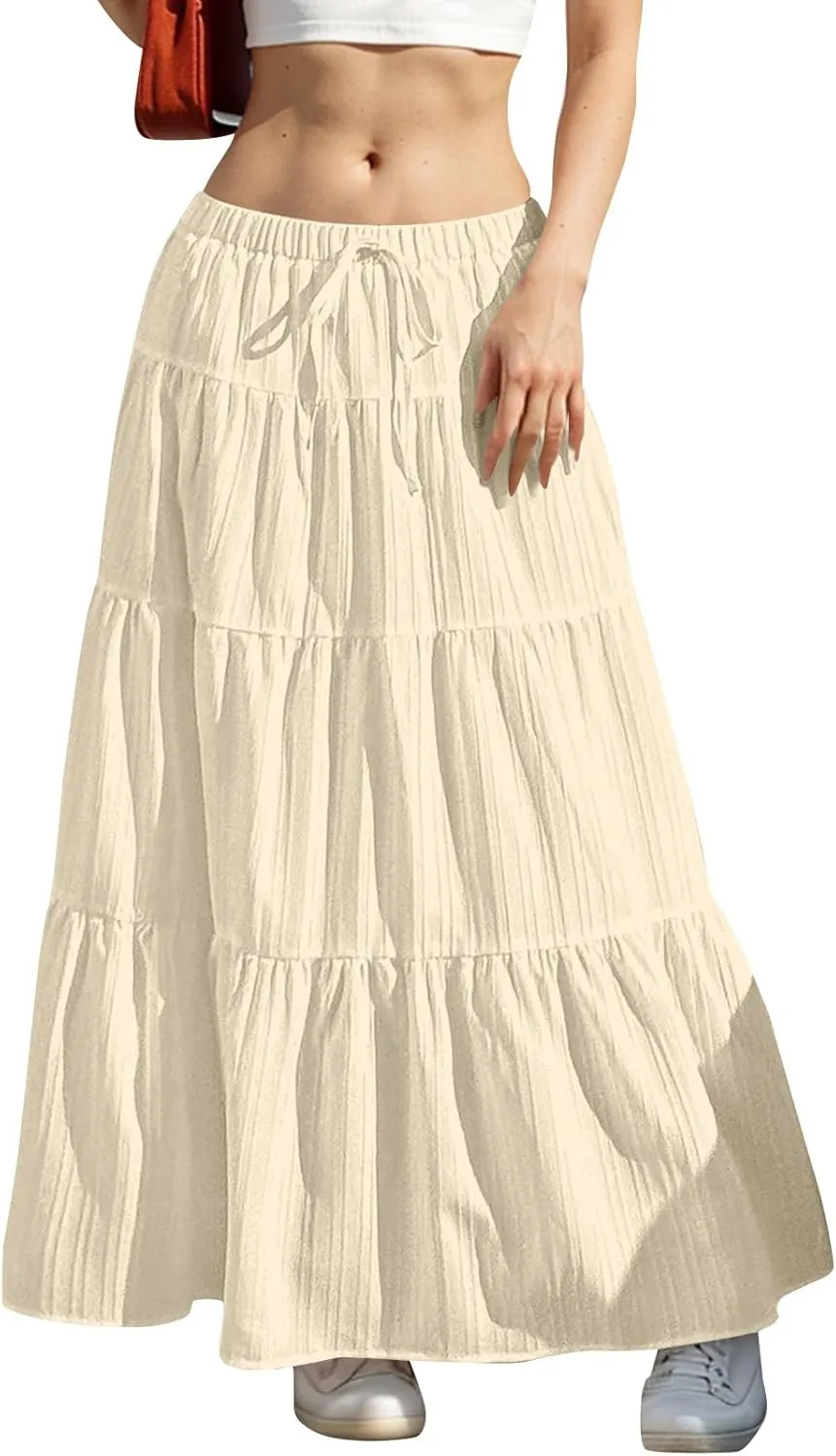 Womens Flowy Pleated Maxi Skirts Summer Casual Boho Beach Vacation Elastic Waist Lace-Up Tiered A-Line Swing Skirts