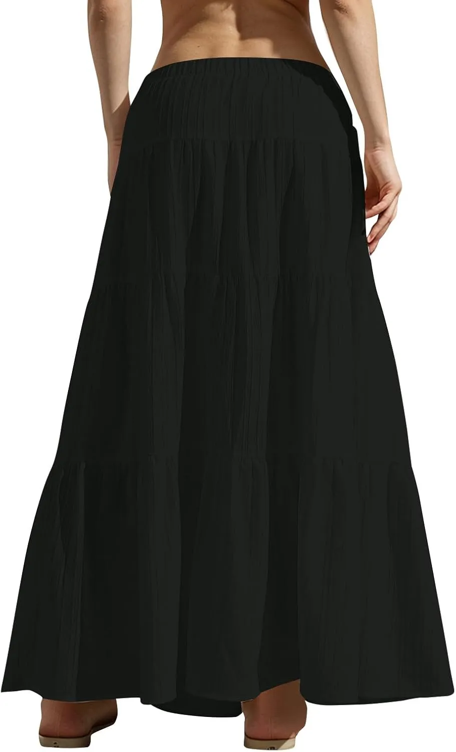 Womens Flowy Pleated Maxi Skirts Summer Casual Boho Beach Vacation Elastic Waist Lace-Up Tiered A-Line Swing Skirts