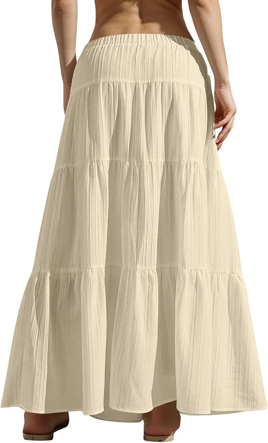 Womens Flowy Pleated Maxi Skirts Summer Casual Boho Beach Vacation Elastic Waist Lace-Up Tiered A-Line Swing Skirts
