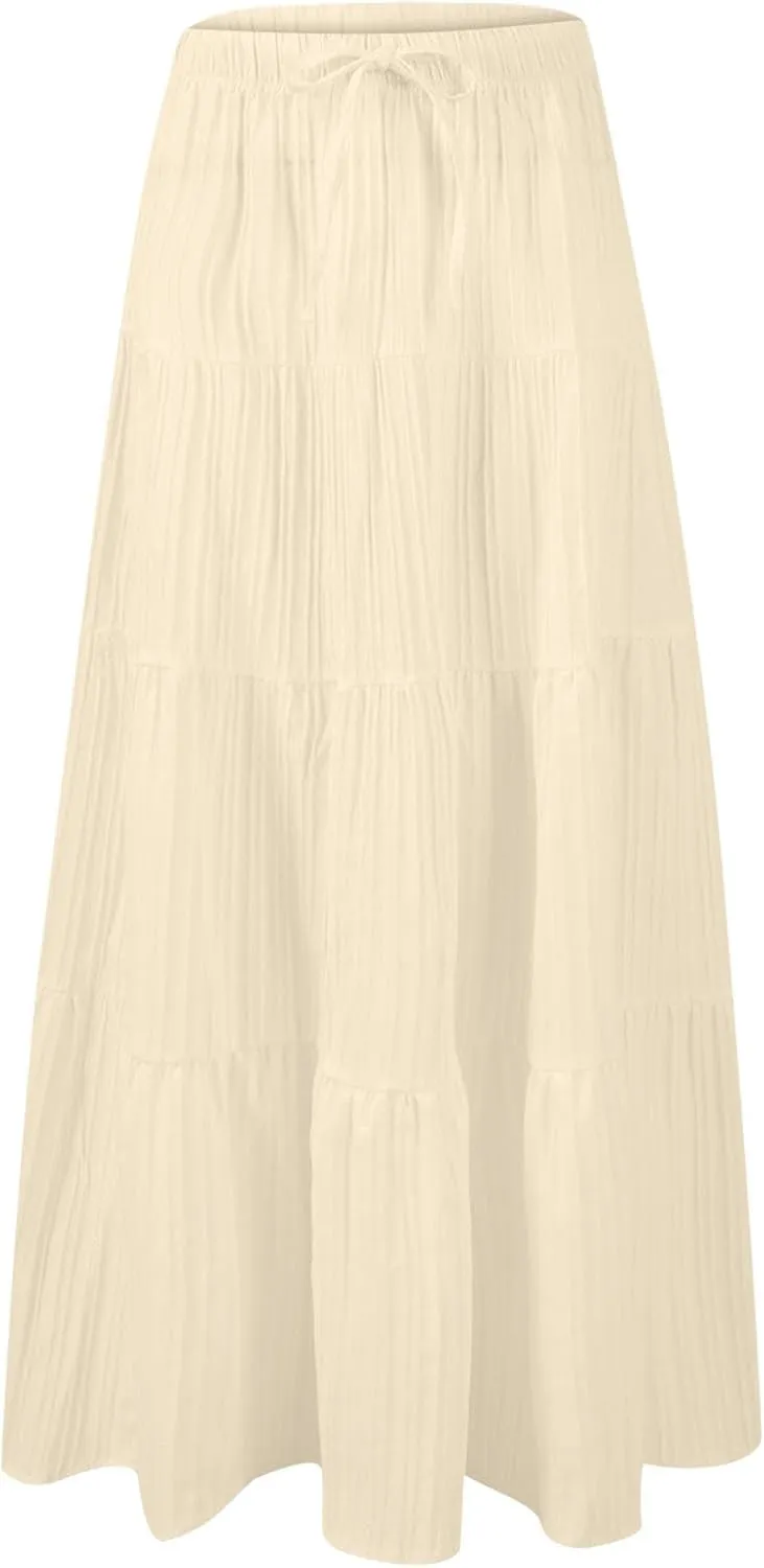 Womens Flowy Pleated Maxi Skirts Summer Casual Boho Beach Vacation Elastic Waist Lace-Up Tiered A-Line Swing Skirts
