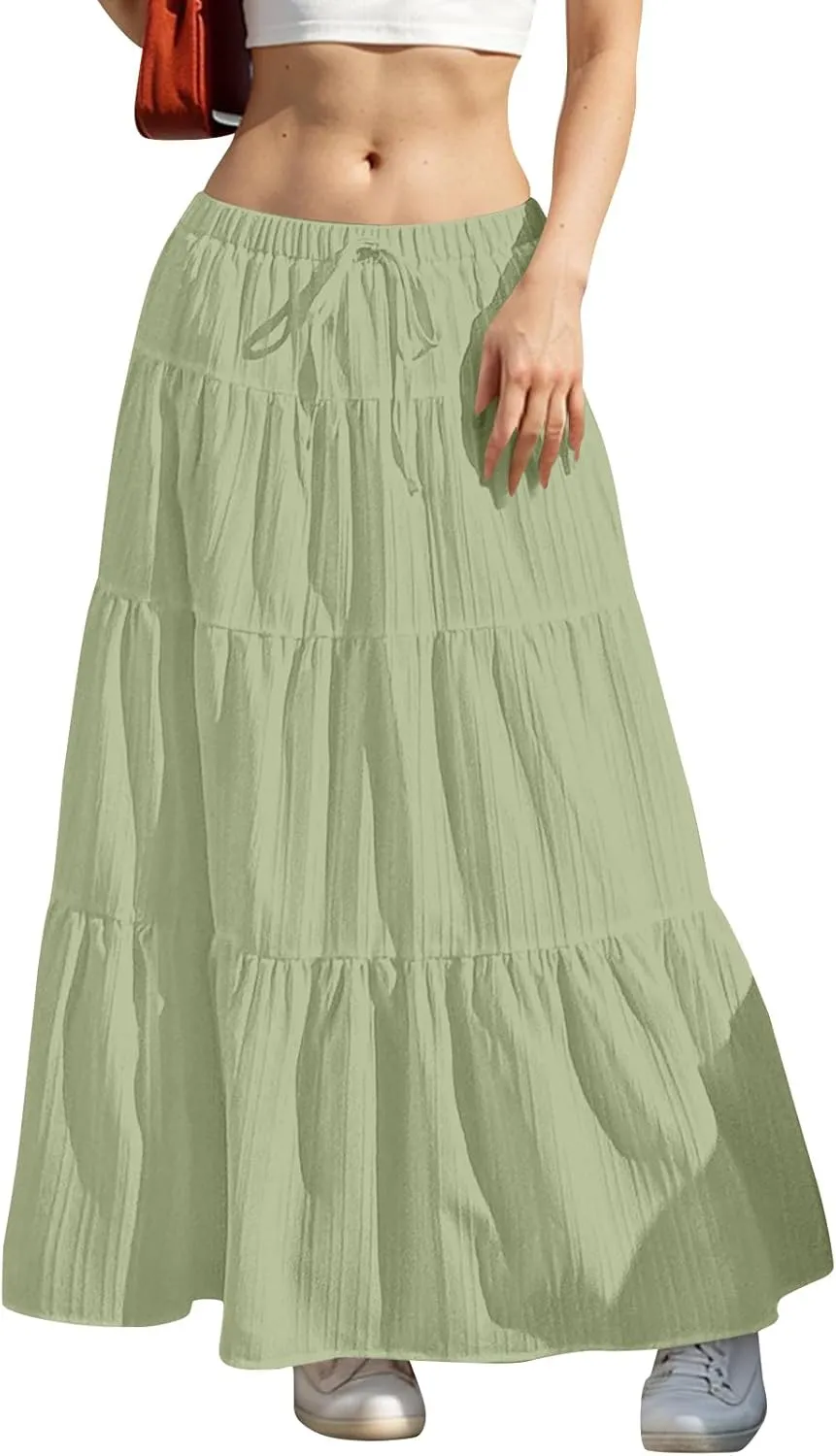 Womens Flowy Pleated Maxi Skirts Summer Casual Boho Beach Vacation Elastic Waist Lace-Up Tiered A-Line Swing Skirts