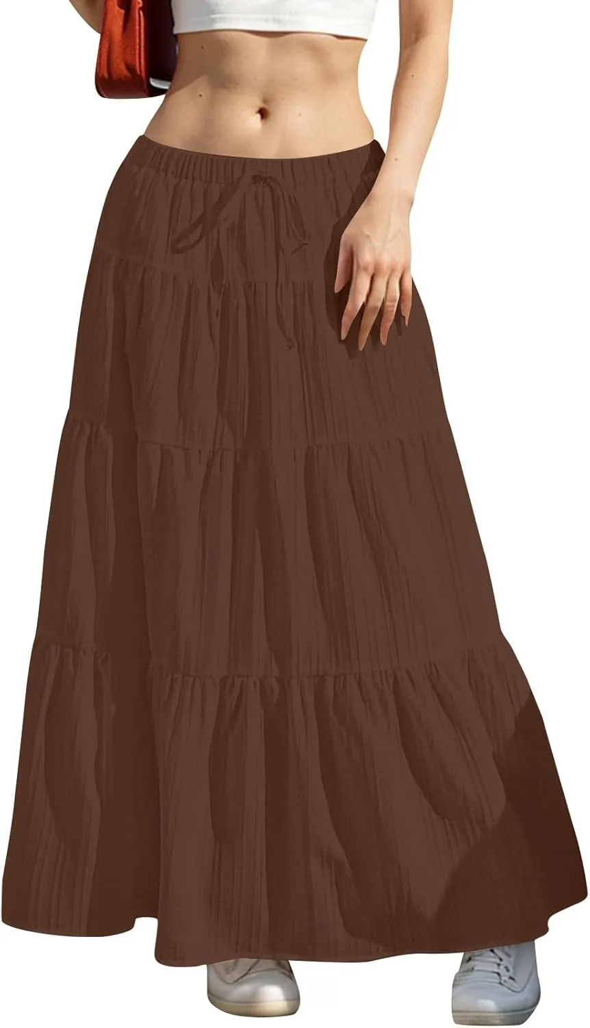 Womens Flowy Pleated Maxi Skirts Summer Casual Boho Beach Vacation Elastic Waist Lace-Up Tiered A-Line Swing Skirts