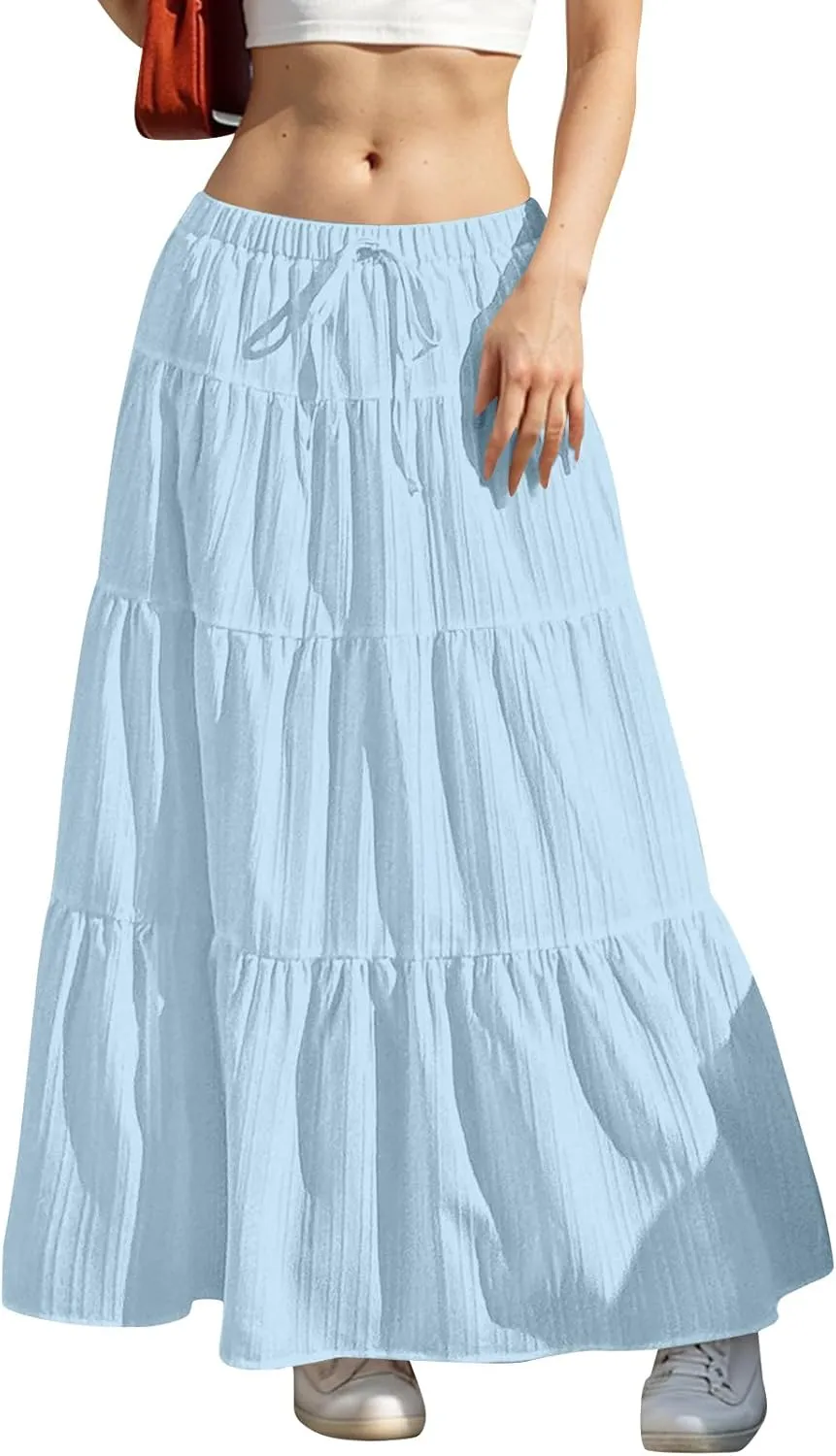 Womens Flowy Pleated Maxi Skirts Summer Casual Boho Beach Vacation Elastic Waist Lace-Up Tiered A-Line Swing Skirts