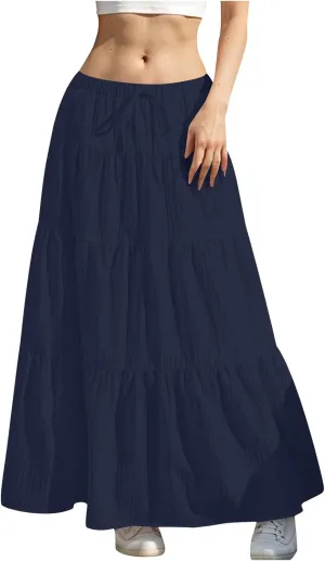 Womens Flowy Pleated Maxi Skirts Summer Casual Boho Beach Vacation Elastic Waist Lace-Up Tiered A-Line Swing Skirts
