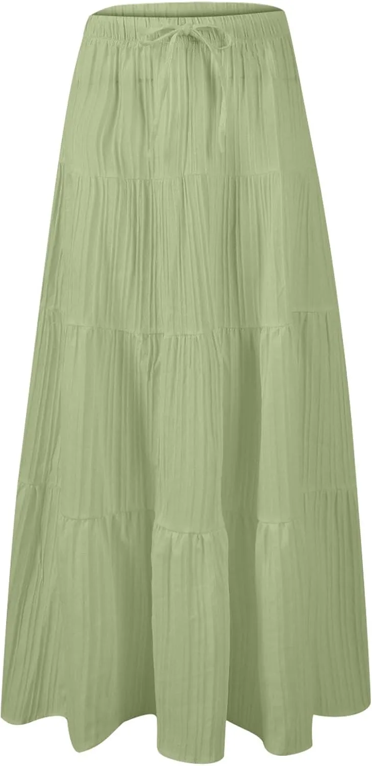 Womens Flowy Pleated Maxi Skirts Summer Casual Boho Beach Vacation Elastic Waist Lace-Up Tiered A-Line Swing Skirts