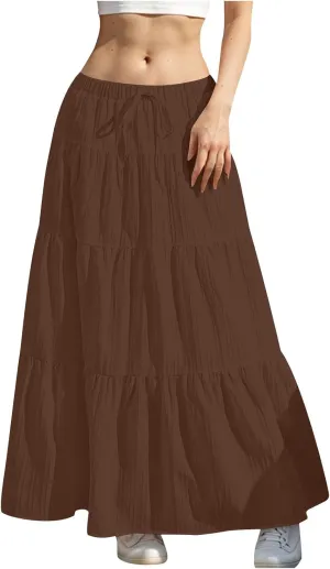 Womens Flowy Pleated Maxi Skirts Summer Casual Boho Beach Vacation Elastic Waist Lace-Up Tiered A-Line Swing Skirts