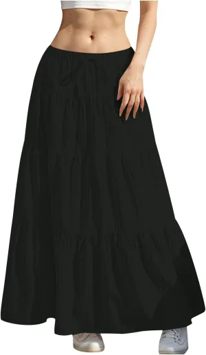 Womens Flowy Pleated Maxi Skirts Summer Casual Boho Beach Vacation Elastic Waist Lace-Up Tiered A-Line Swing Skirts