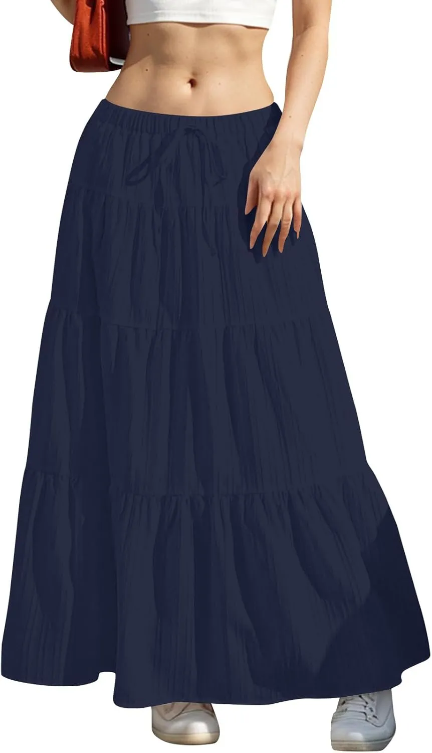 Womens Flowy Pleated Maxi Skirts Summer Casual Boho Beach Vacation Elastic Waist Lace-Up Tiered A-Line Swing Skirts