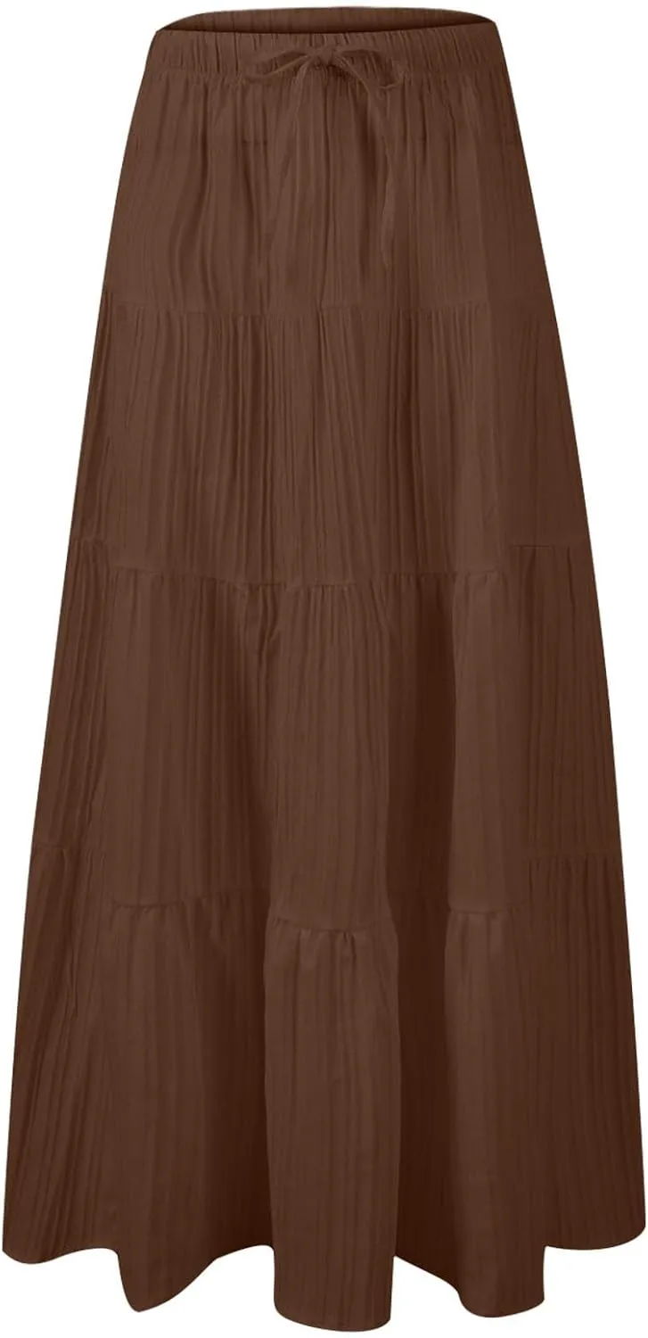 Womens Flowy Pleated Maxi Skirts Summer Casual Boho Beach Vacation Elastic Waist Lace-Up Tiered A-Line Swing Skirts