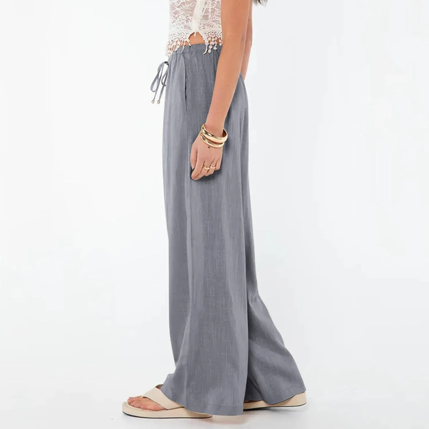 Womens Gauze Pants Cotton Linen Summer Flowy High Waisted Beach Palazzo Pants Lightweight Paperbag Pants with Pocket
