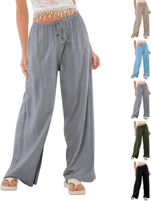 Womens Gauze Pants Cotton Linen Summer Flowy High Waisted Beach Palazzo Pants Lightweight Paperbag Pants with Pocket