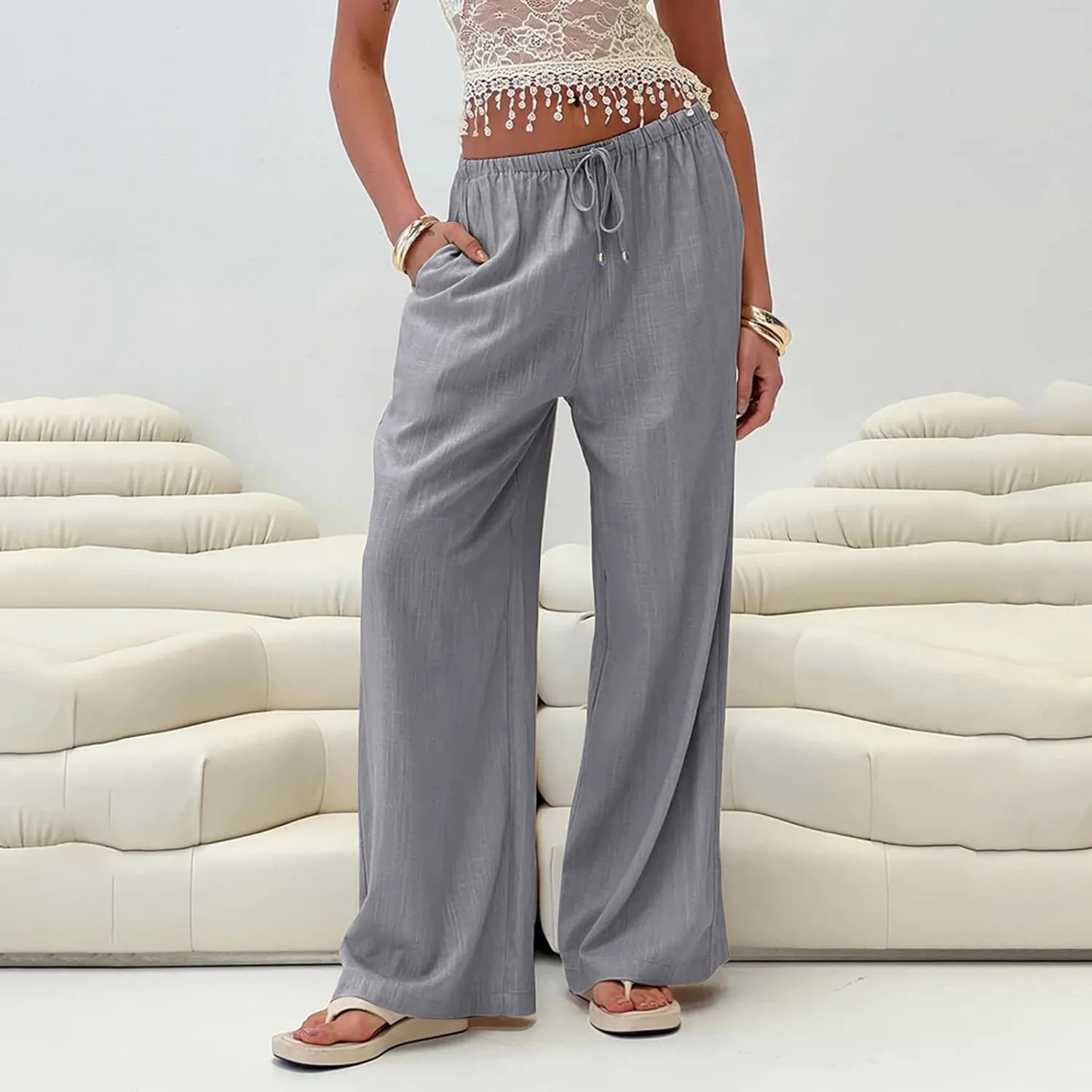 Womens Gauze Pants Cotton Linen Summer Flowy High Waisted Beach Palazzo Pants Lightweight Paperbag Pants with Pocket
