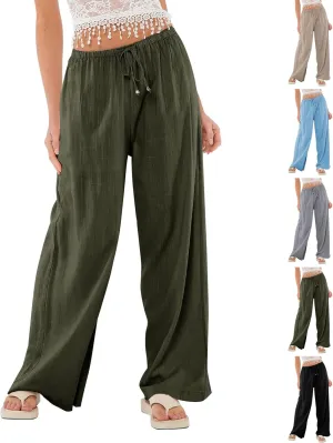 Womens Gauze Pants Cotton Linen Summer Flowy High Waisted Beach Palazzo Pants Lightweight Paperbag Pants with Pocket