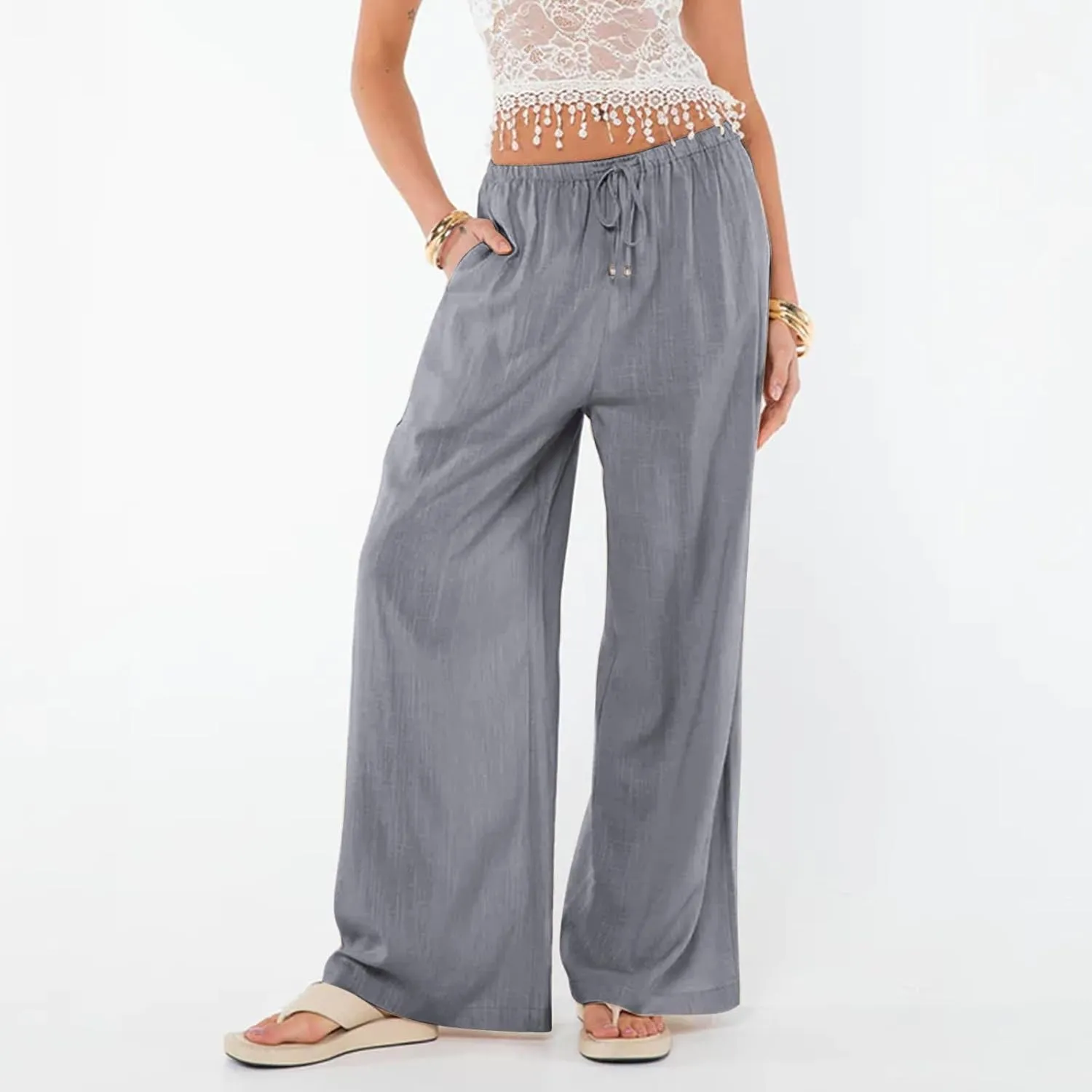 Womens Gauze Pants Cotton Linen Summer Flowy High Waisted Beach Palazzo Pants Lightweight Paperbag Pants with Pocket