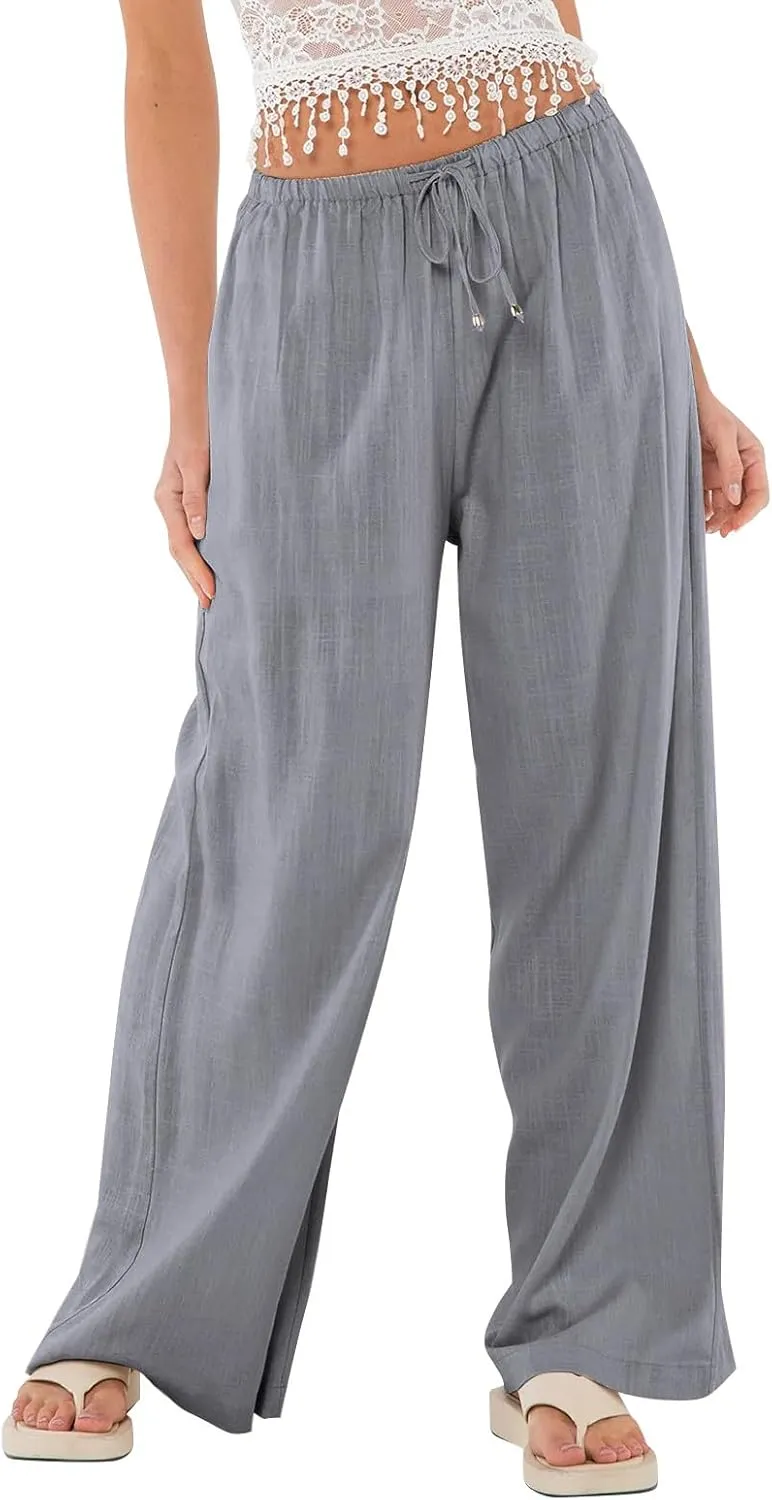 Womens Gauze Pants Cotton Linen Summer Flowy High Waisted Beach Palazzo Pants Lightweight Paperbag Pants with Pocket