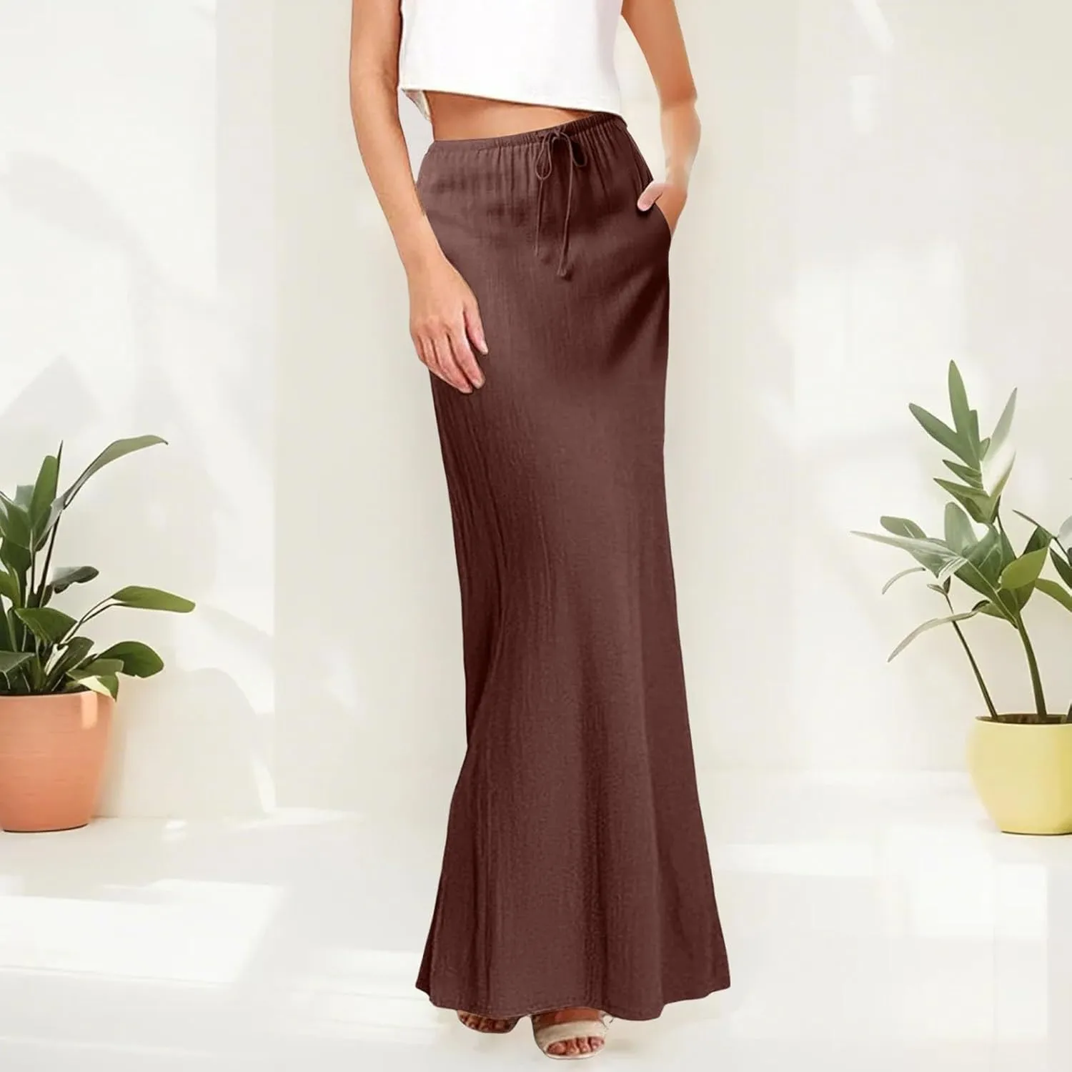 Womens Linen Maxi Skirts Drawstring Low Waist A Line Casual Skirt Cute Vacation Long Flowy Cotton Outfits with Back Slit