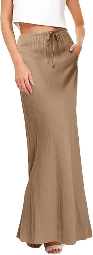 Womens Linen Maxi Skirts Drawstring Low Waist A Line Casual Skirt Cute Vacation Long Flowy Cotton Outfits with Back Slit