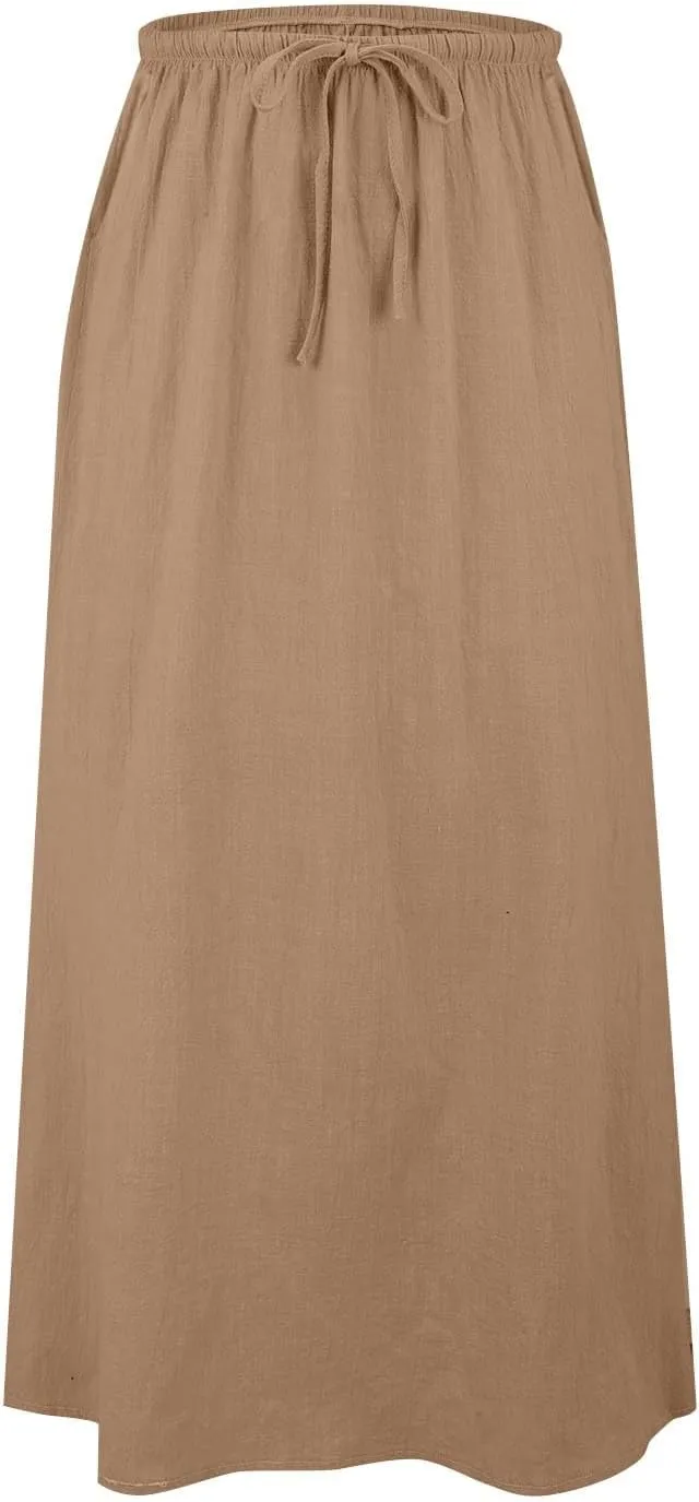 Womens Linen Maxi Skirts Drawstring Low Waist A Line Casual Skirt Cute Vacation Long Flowy Cotton Outfits with Back Slit