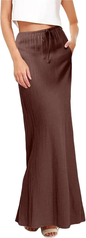 Womens Linen Maxi Skirts Drawstring Low Waist A Line Casual Skirt Cute Vacation Long Flowy Cotton Outfits with Back Slit