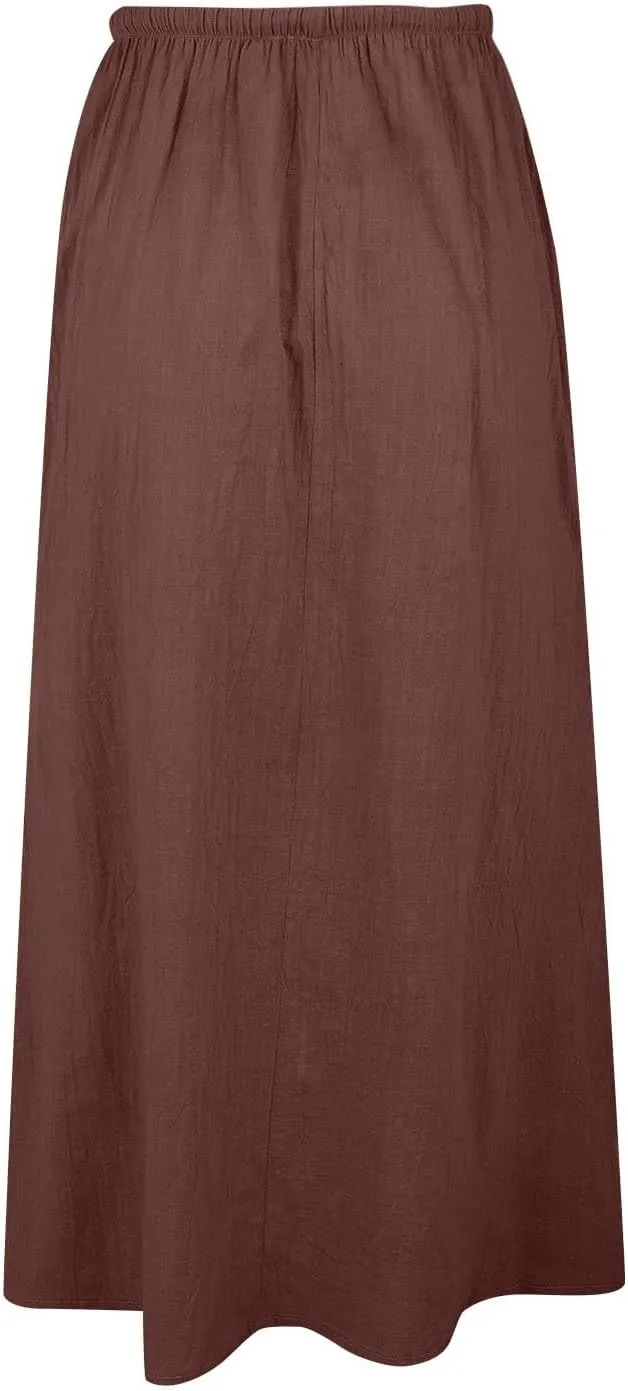 Womens Linen Maxi Skirts Drawstring Low Waist A Line Casual Skirt Cute Vacation Long Flowy Cotton Outfits with Back Slit