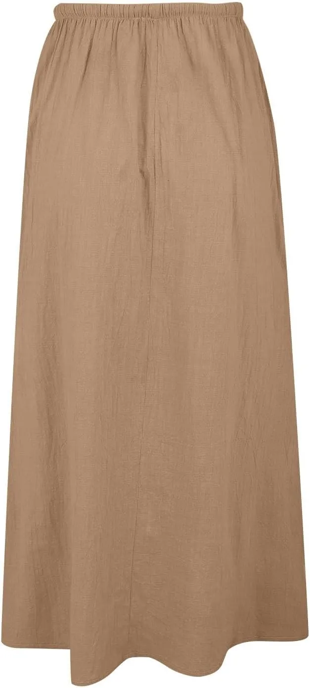 Womens Linen Maxi Skirts Drawstring Low Waist A Line Casual Skirt Cute Vacation Long Flowy Cotton Outfits with Back Slit