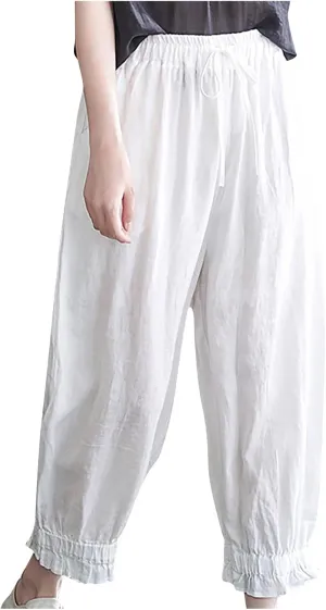 Womens Linen Pants Fashion Casual Solid Color Elastic Loose Pants Straight Wide Leg Trousers with Pocket