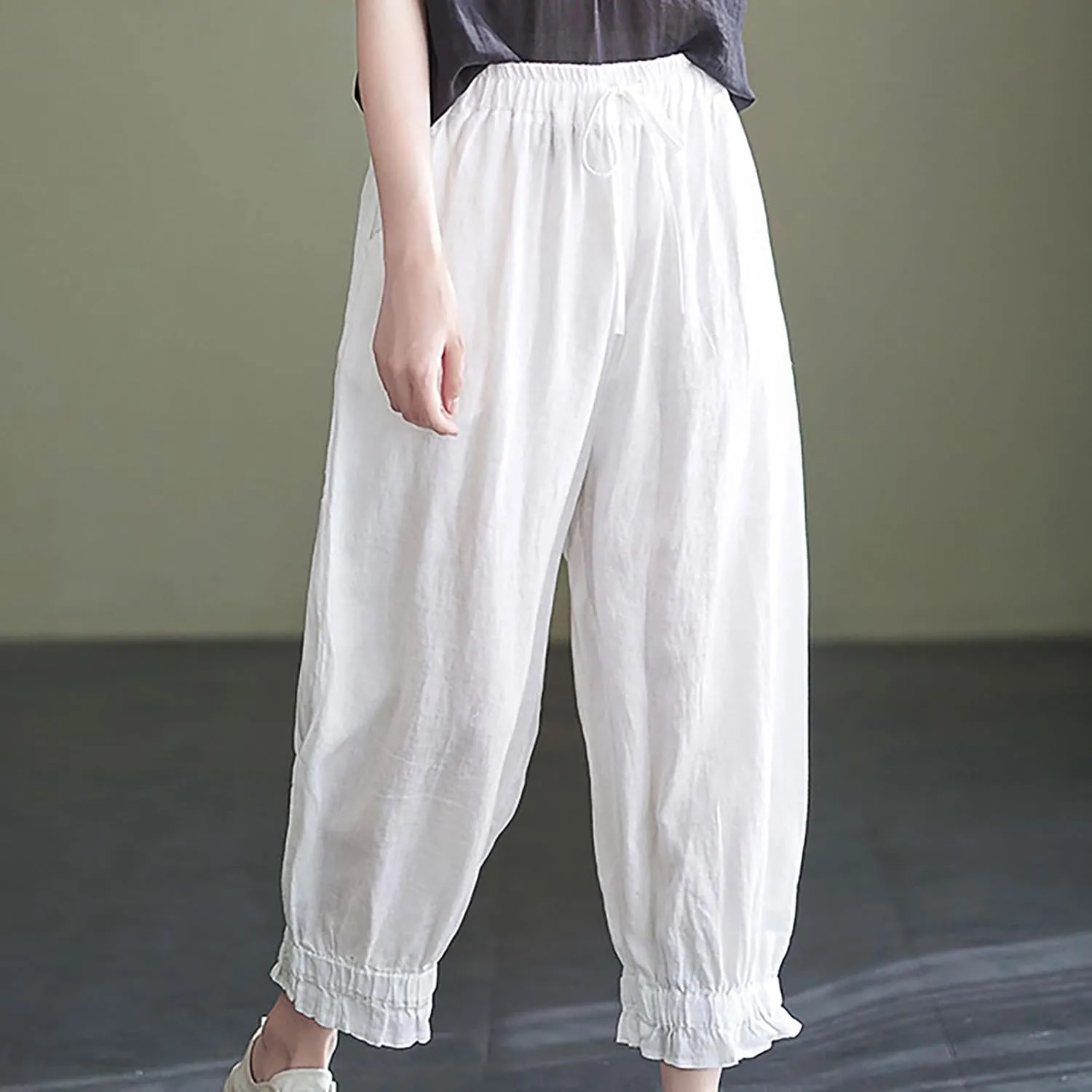 Womens Linen Pants Fashion Casual Solid Color Elastic Loose Pants Straight Wide Leg Trousers with Pocket
