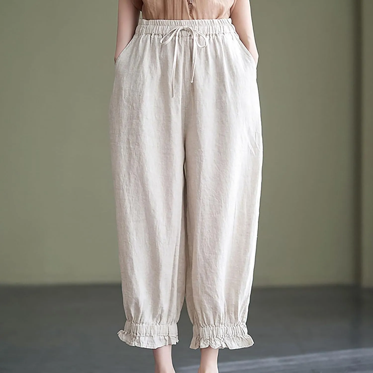 Womens Linen Pants Fashion Casual Solid Color Elastic Loose Pants Straight Wide Leg Trousers with Pocket