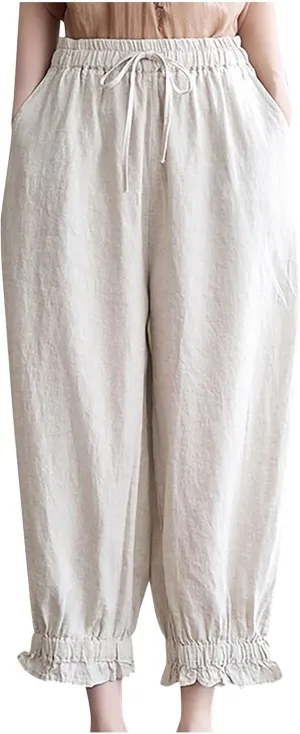 Womens Linen Pants Fashion Casual Solid Color Elastic Loose Pants Straight Wide Leg Trousers with Pocket