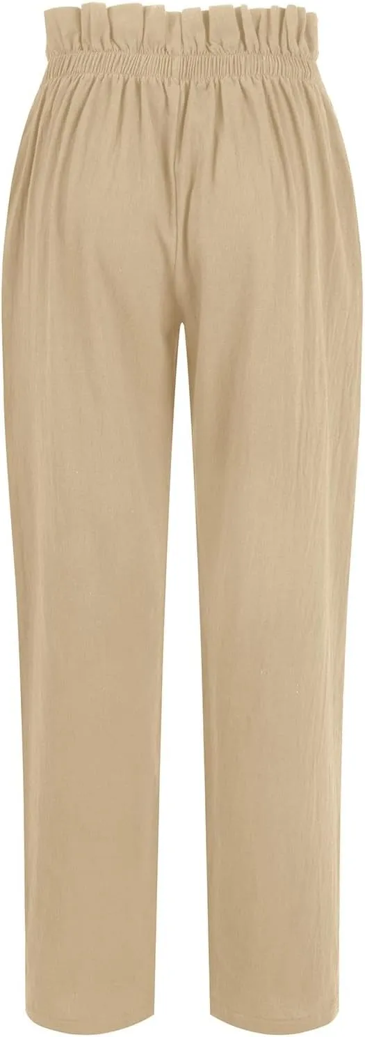 Womens Linen Pants Summer High Waisted Work Pants Trousers Lightweight Paperbag Elastic Waist Pants with Pockets