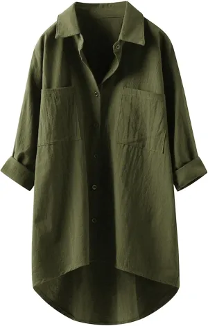 Womens Linen Shirts V Neck Buttons Blouses Solid Color Oversized Tops Short Sleeve Loose Fit Tunic Top