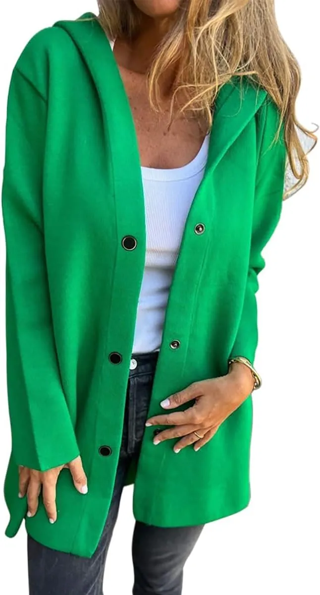 Womens Long Cardigan Casual Single Breasted Hooded Jacket Lapel Neck Long Sleeve Solid Trench Coat for Women 2024